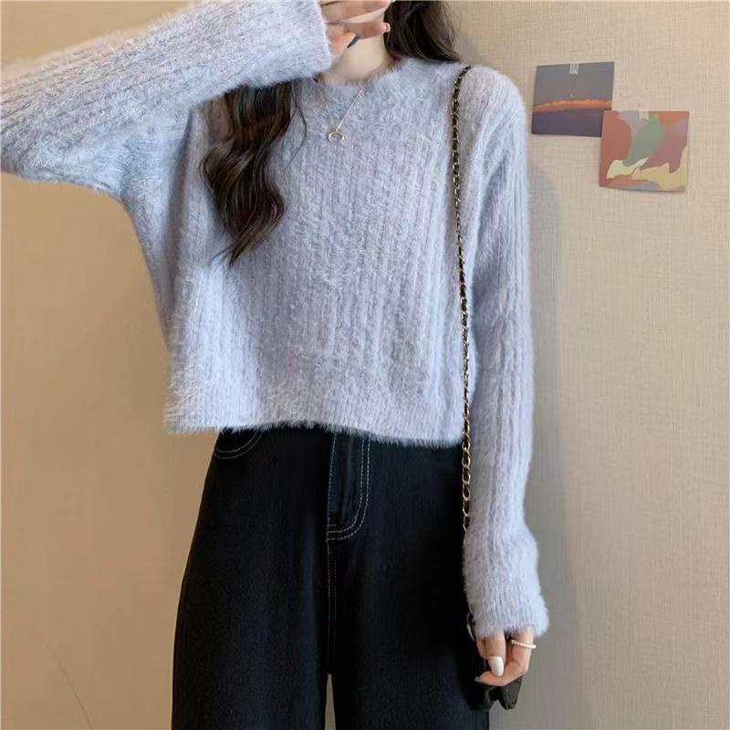 YIU YIU Rajut - Korea Sweater Wanita Crewneck Sweeter Crop Sweater Putih Lengan Panjang Rajut