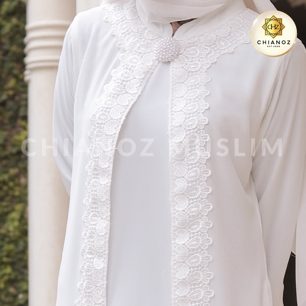 CHIANOZ Gamis Putih Mewah Wilona Dress Brukat Renda Baju Lebaran Umroh Haji Manasik Pesta Akad 116 516