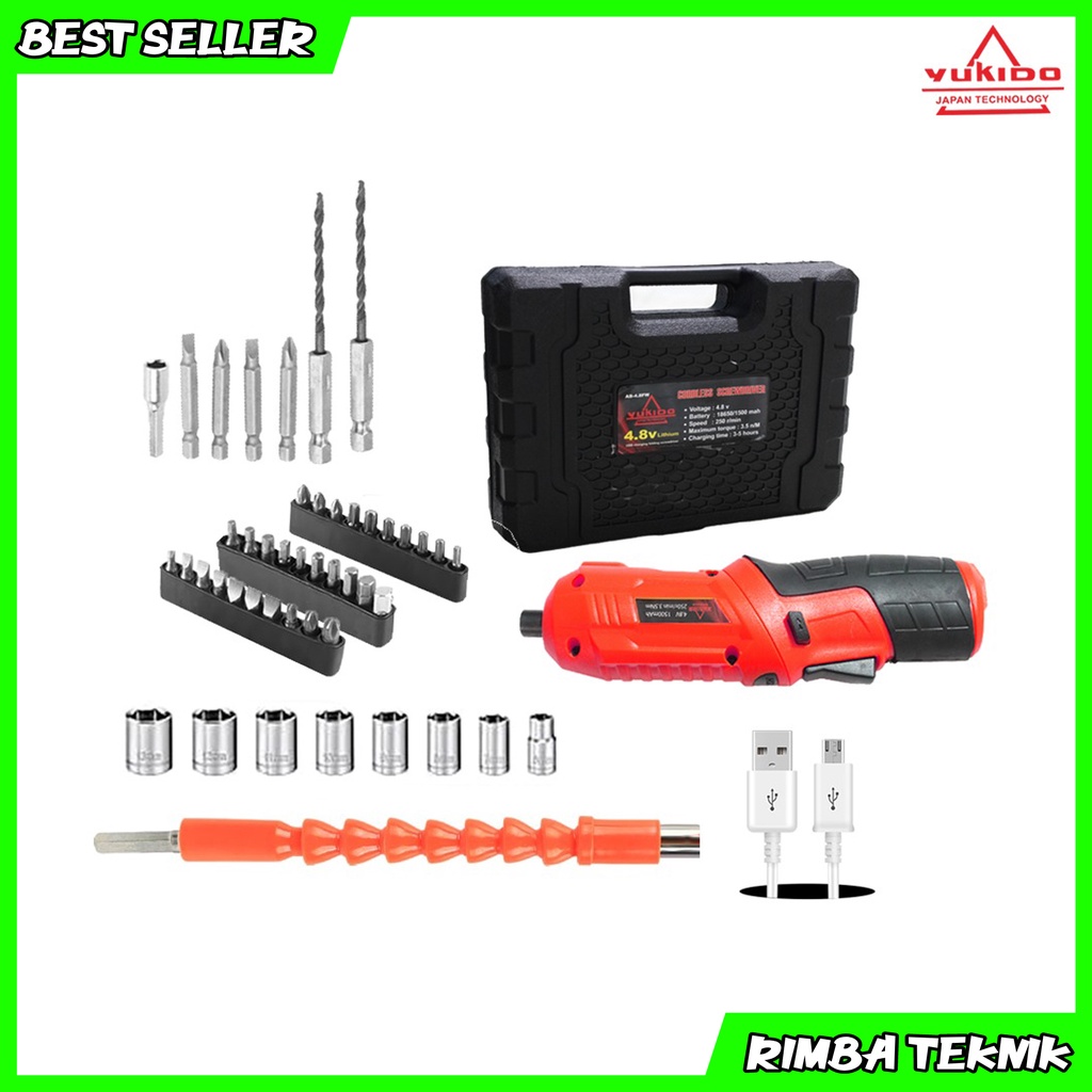 YUKIDO Bor mini electric Multi-function screwdriver Bor Obeng Cordless Screwdriver Full Set Toolkit 4.8V YUKIDO Cordless Screwdriver 4.8 V - Mesin Bor Obeng Baterai Batere Kunci Sok