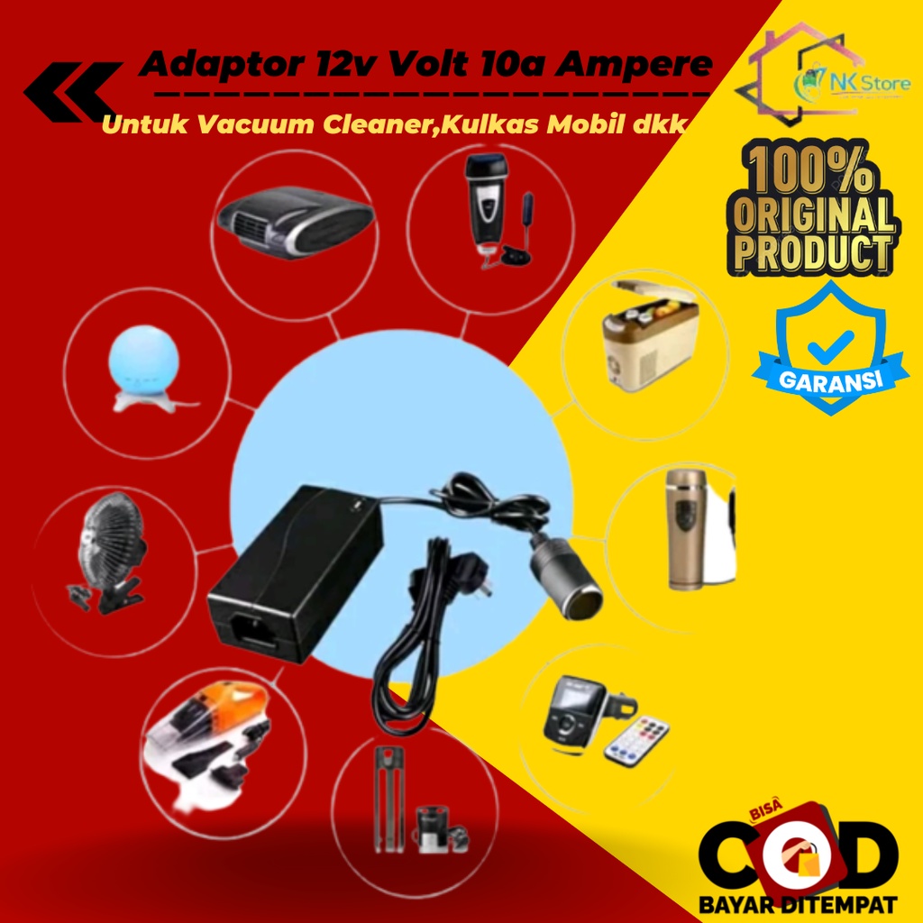 Adaptor 12v Volt 10a Ampere Vacum Cleaner Pompa Mobil Ke Colokan Listrik AC to dc 220v Original