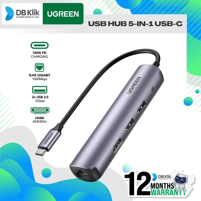 USB Hub 5in1 UGreen USB-C to USB 3.0x2+HDMI+RJ45+USB-C PD (10919)