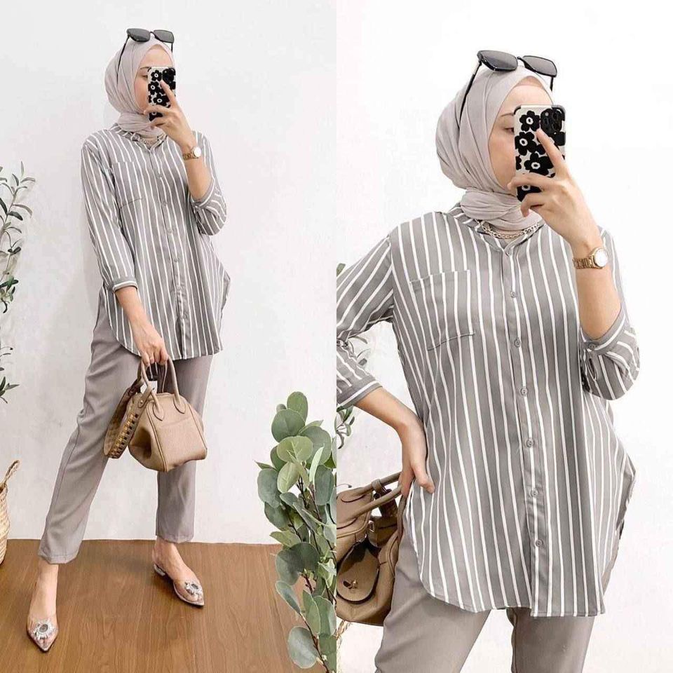 ONE SET SALUR SETELAN KERJA WANDA WANITA SHAKILA TWILL PREMIUM FULL KANCING KERAH SYANGHAI