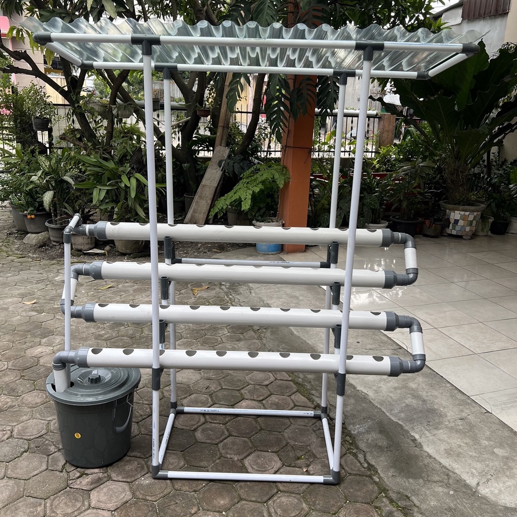 Instalasi Hidroponik Pipa PVC 40 Lubang Komplit dengan Atap Transparan DFT Sistem