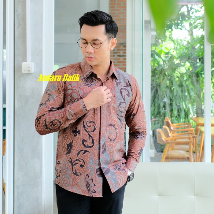 Baju Batik Pria Lengan Panjang Slim Fit Premium Full Furing Warna Terakota Terracotta