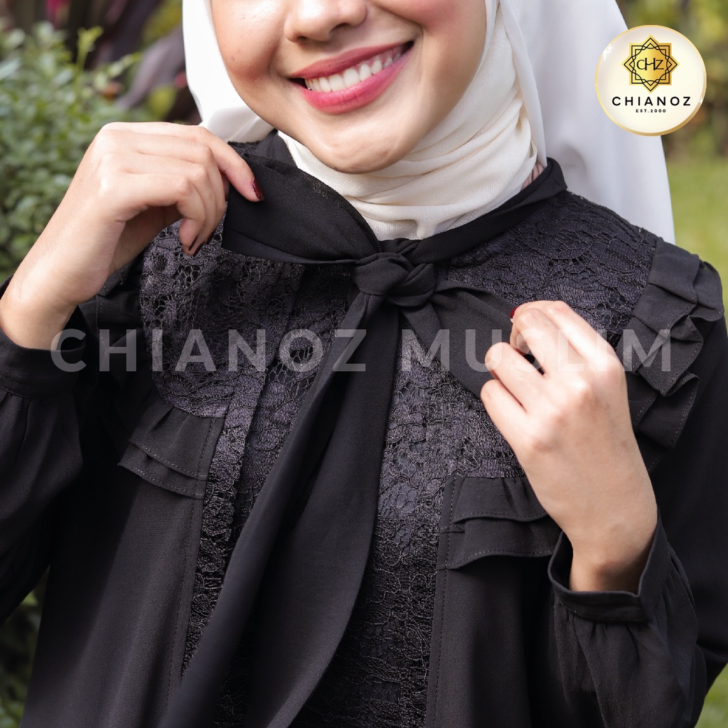 CHIANOZ Gamis Hitam Mewah Nadia Dress Brukat Renda Baju Lebaran Umroh Haji Manasik Pesta Akad 335 337