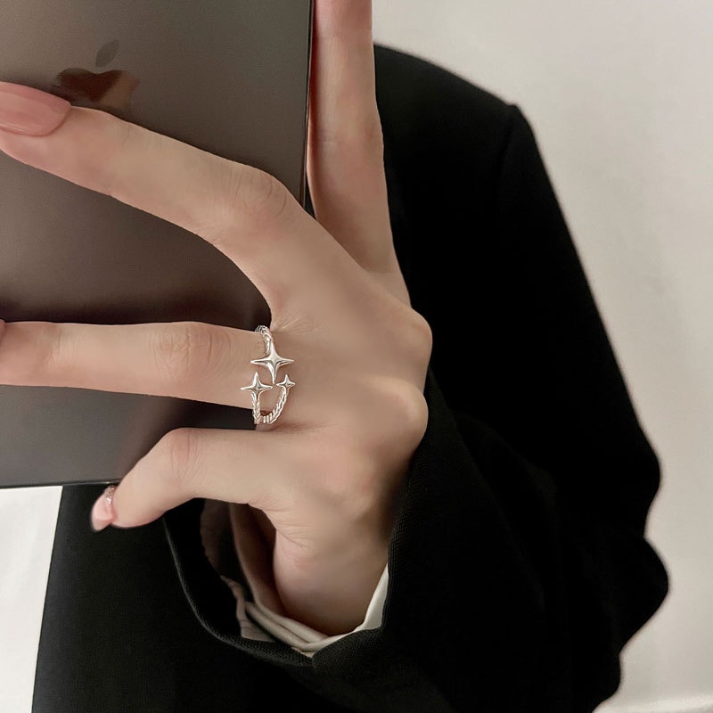 Baru Korea925 Perak Berujung Empat Cincin Bintang Untuk Wanita Sederhana Zirkon Cross Opening Adjustable Finger Rings Perhiasan Pesta