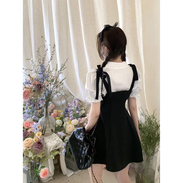 Red College Wind Suit Pendek Puff Lengan Kemeja Wanita Musim Panas Pinggang Suspender Gaun Temperamen Rok Two-Piece Set