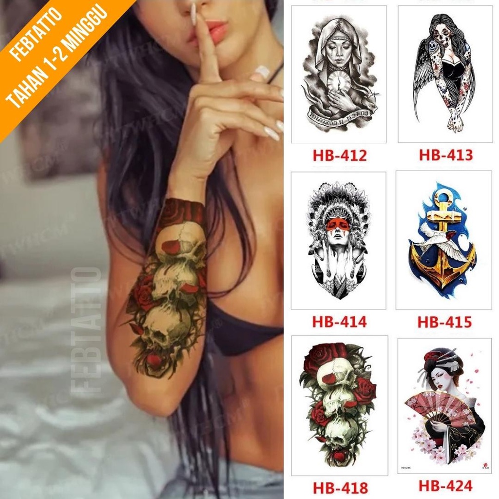 Tato Temporer Ukuran 21cmx15cm Motif Aesthetic Tatto Temporary Stiker Tato Halal Grosir Tato air motif perempuan, suku budaya, jangkar, tengkorak, bunga, ghesia HB 418