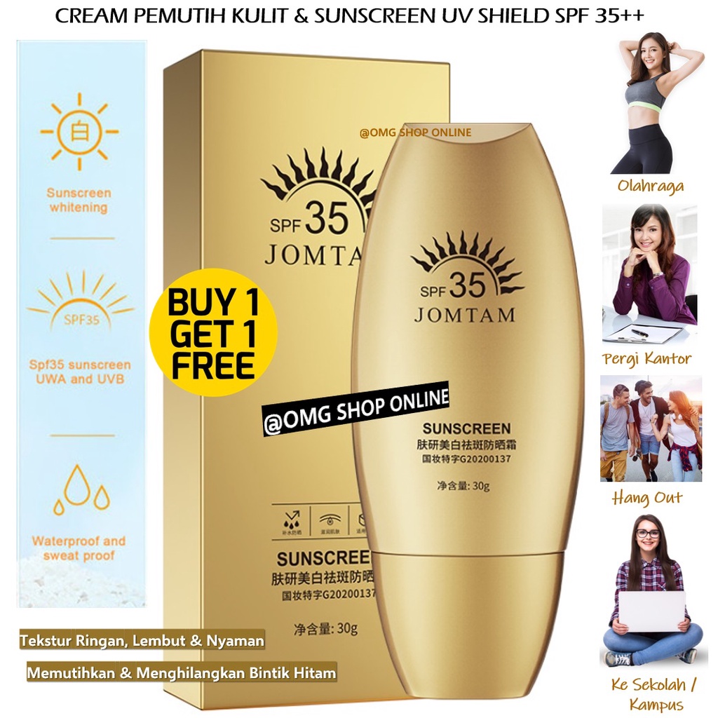 Beli 1 Gratis 1 !!! Whitening Sunscreen SPF 35 PA++ Pemutih Kulit Seluruh Tubuh Jomtam Whitening Anti UV Sunblock Wajah Untuk Skin Barrier Rusak 30 Gr / Sun Battle Sun Protection Glowing Body Cream Lotion Pemutih Badan Pemutih Ketiak dan Selangkangan