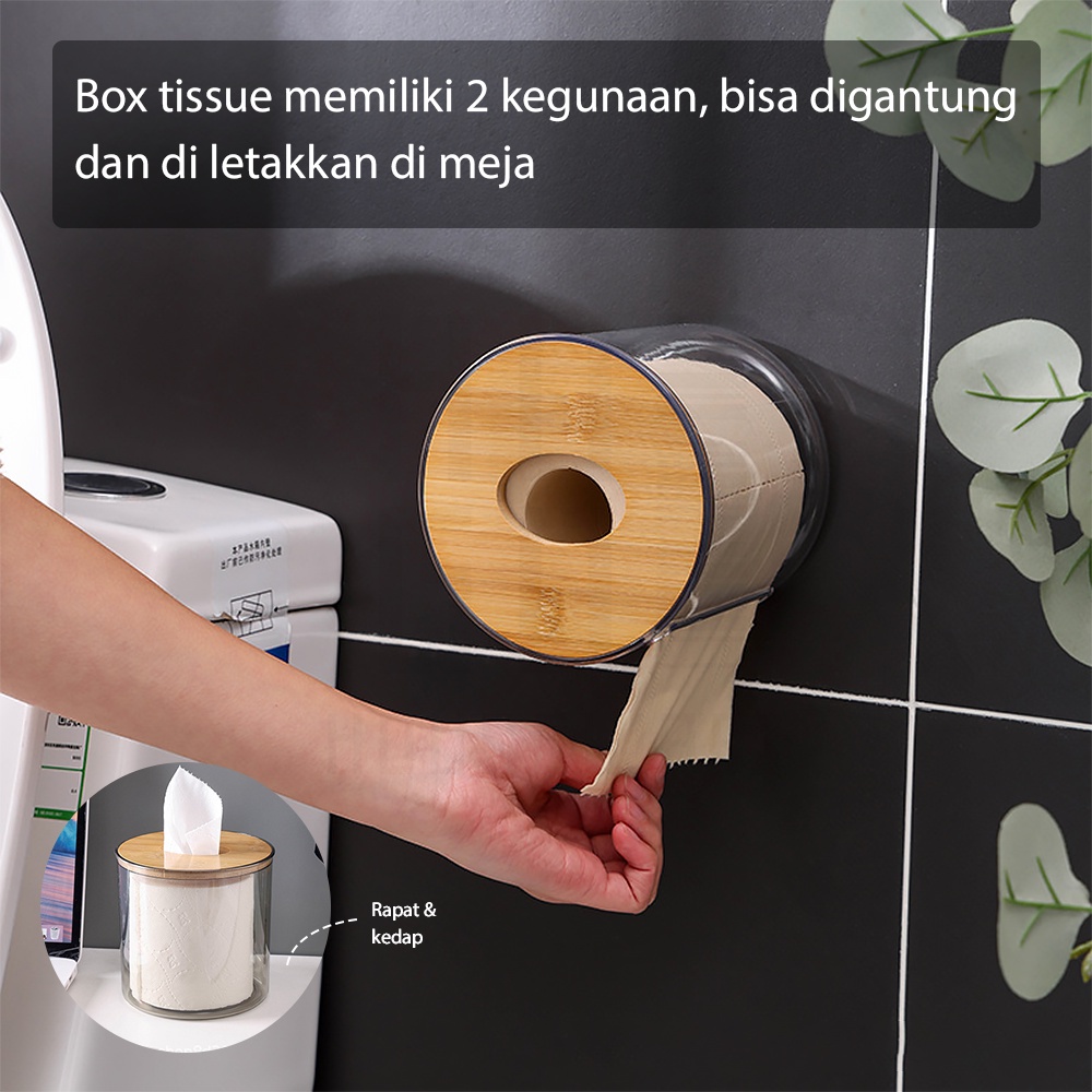 HUGO Tempat Tisu Roll Bulat Kotak Penyimpanan Tissue Tabung Transparan Tutup Kayu Minimalis