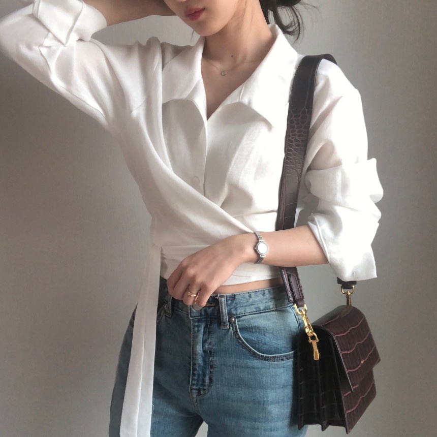 Korean Style Polos Lengan Panjang Crop Wrap Top Wanita