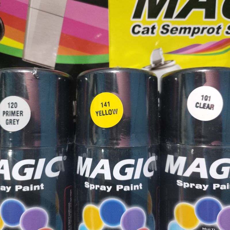 Pilok Pilox Cat Semprot Magic Paket Lengkap 3 Kaleng 300cc Paketan Kuning Yellow 141 Primer Grey Epoxy 120 Clear Pernis Glossy Mengkilap 101 Spray Paint