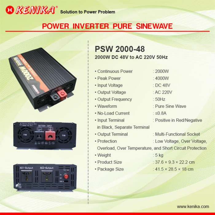 KENIKA POWER INVERTER PURE SINE WAVE 48DCto220AC 2000W 48V PSW 2000-48