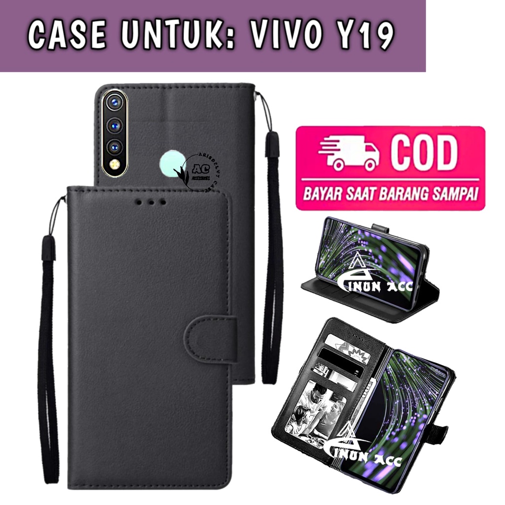 Case Flip FOR VIVO Y19 Case Kulit -Casing Dompet Cover Wallet Leather Sarung HP Free Tali