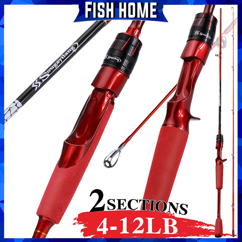 Sougayilang Joran Pancing 1.8M Red Fishing Rod 2 Sections Joran Pancing ML Power 4-12LB Spinning Fishing Rod Solid Carbon Fiber Untuk Air Manis Atau Air Manis  Joran Pancing