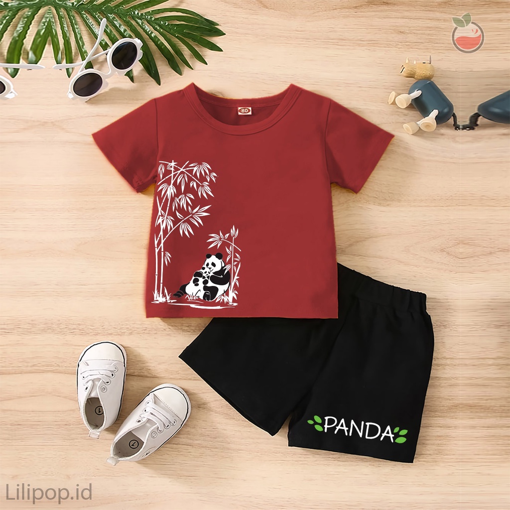 Baju Anak Stelan Kaos 3/4  PANDA Cowok Cewek  Usia 1 - 4 Tahun Celana Pendek Harian