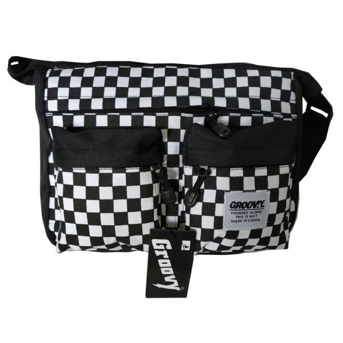 Tas Selempang Pria Hitam Putih Catur - Tas slempang pria  Pera