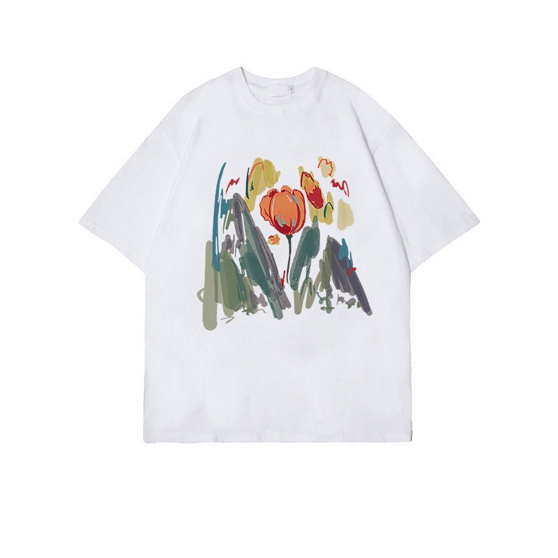 Print T-shirt Kaos Lengan Pendek Oil Painting Tulips Baju Wanita Oversize Korean Style