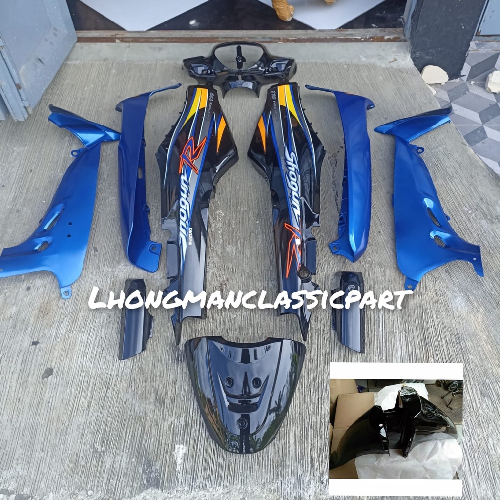 PAKET FULL BODY HALUS SHOGUN R110 NEW SET STRIPING WARNA HITAM BIRU SET SPAKBOR HITAM
