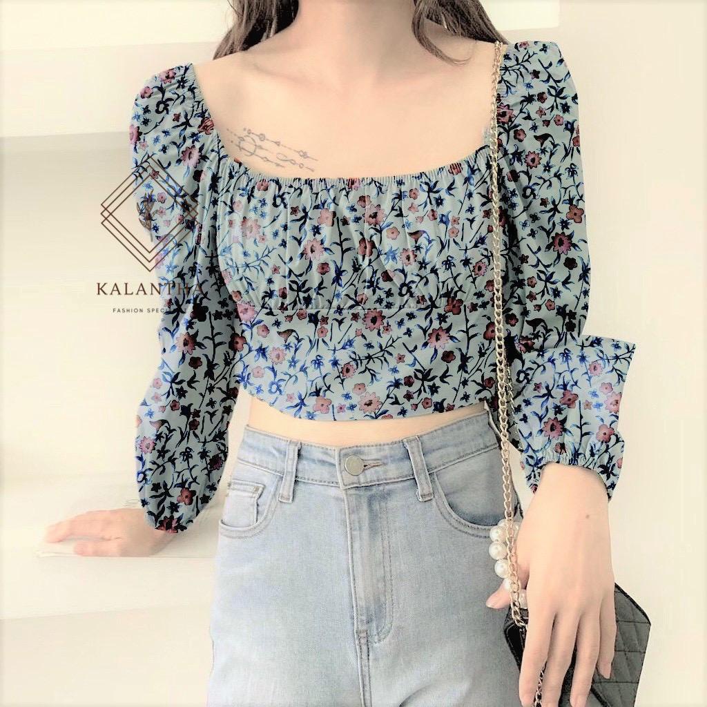 KALANTHA FASHION Misca Blouse Crop Top Chiffon Casual Blus Wanita Motif Bunga Hits