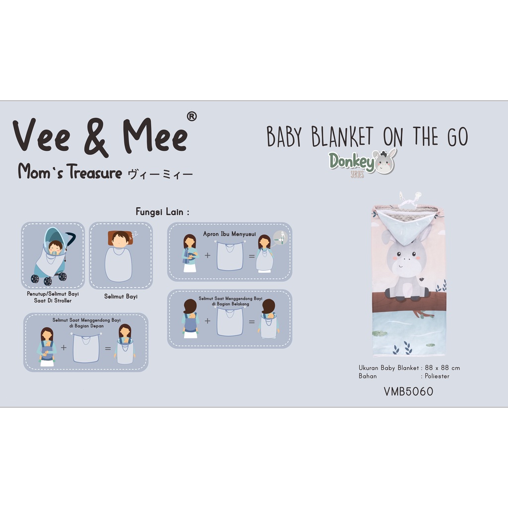 Vee &amp; Mee On The Go Baby Blanket  Minky Multifungsi 5 in 1 Selimut Anti Bakteri Donkey Series - VMB 5060