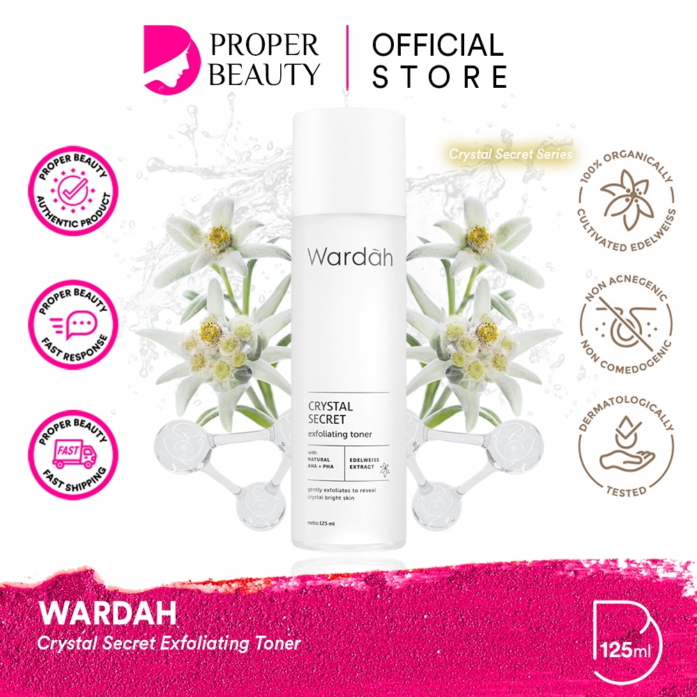 WARDAH Crystal Secret Exfoliating Toner Indonesia / Pembersih Wajah 125ml / With Natural AHA + PHA Edelweiss Extract / Gently Exfoliates To Reveal Crystal Bright Skin / Facial Exfo Exfoliator Peeling Peel Cleansing Pelembab Muka Skincare Face Care Series