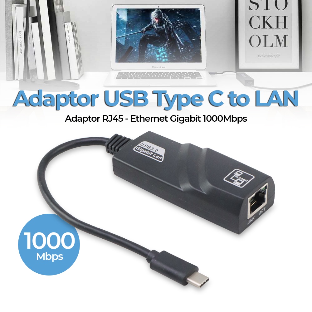 Adaptor USB Type C to LAN RJ45 Ethernet Gigabit 1000Mbps - TD1000 - Black