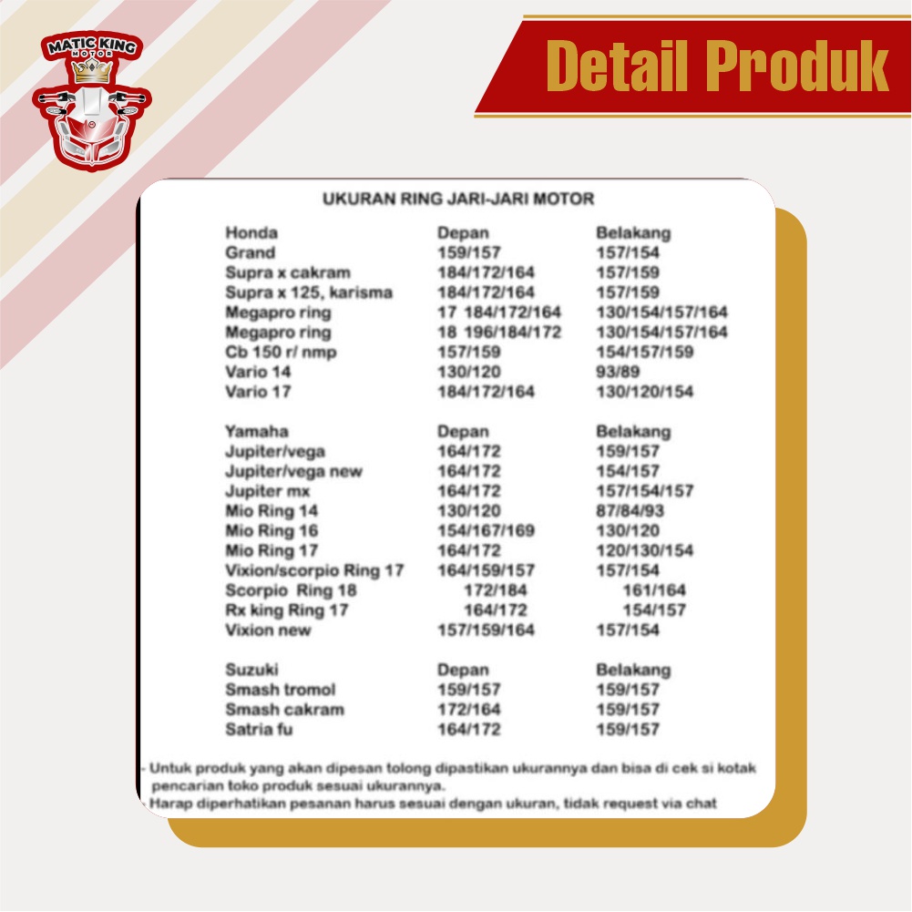 Jari jari Ruji Ring Velg 17 18 ukuran 164 Yamaha Honda Mio Nmax Fino X-Ride Jupiter Z Vega R MX RX King Fazzio Freego Gear  F1ZR GL Mega Pro Tiger Thunder Chrome Fukukawa