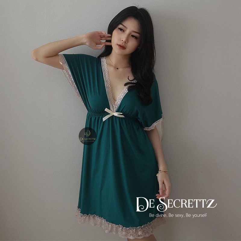 DeSecrettz EMILIA Lingerie Sexy Bahan Premium Spandeks Adem dan Lembut Di Kulit, Bisa Stretch, Bisa Untuk Small Size Sampai Big Size, Sexy Lingerie Model Babydoll, Premium Sleepwear, Pakaian Dinas Depan Suami, Baju Tidur Sexy, Baju Haram Sexy, Bisa COD-Bottle Green