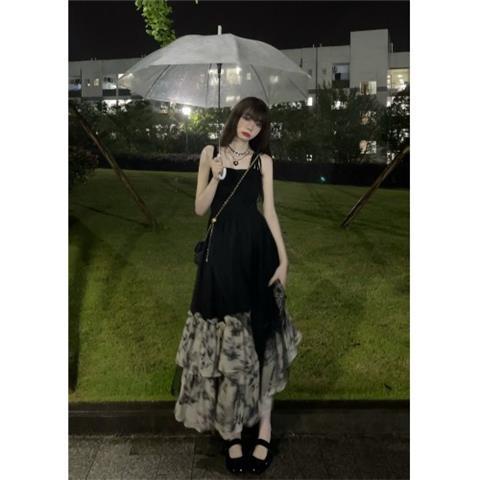 Red Hepburn style black floral sling dress women s summer new retro waist design sense niche long skirt skirt