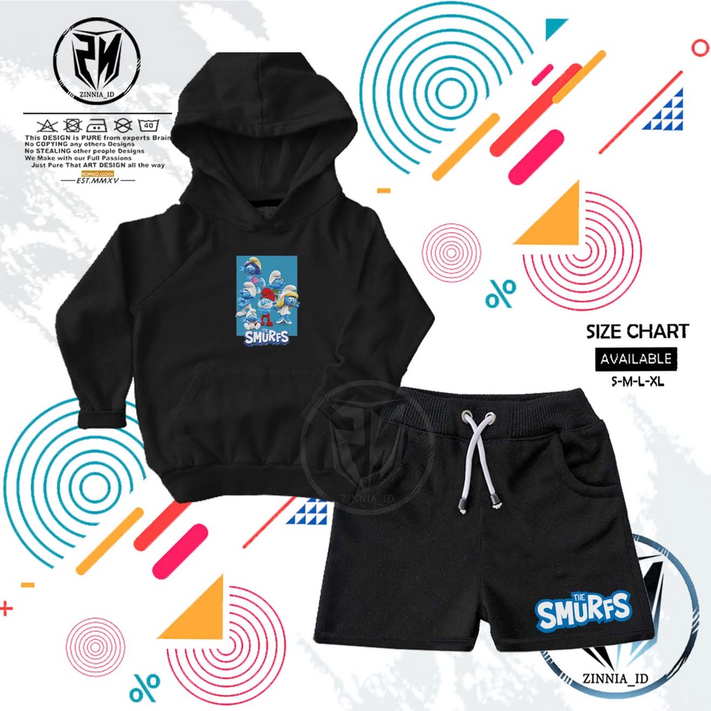 ONE SET SETELAN HOODIE ANAK CELANA PENDEK ANAK THE SMURFS / SETELAN ANAK THE SMURFS