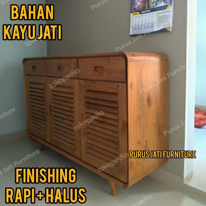 PJ1 Lemari Rak Sepatu Kayu Jati 3 Pintu Model Retro Minimalis Jepara