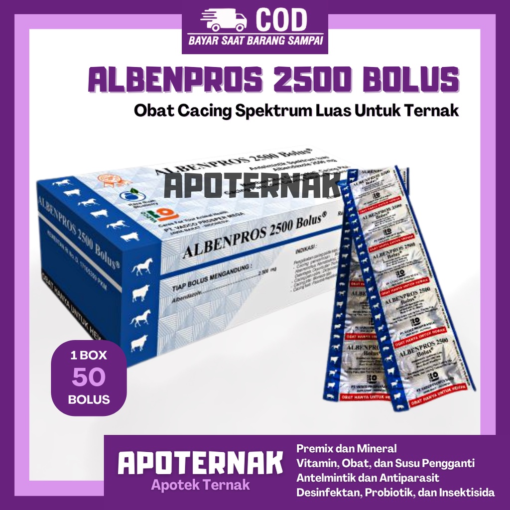 ALBENPROS 2500 Bolus 1 Box | Obat Cacing Spektrum Luas Untuk Sapi Kuda | Cacing Hati, Cacing Pita, Cacing Paru, dan Cacing Saluran Pencernaan | VADCO | Apoternak