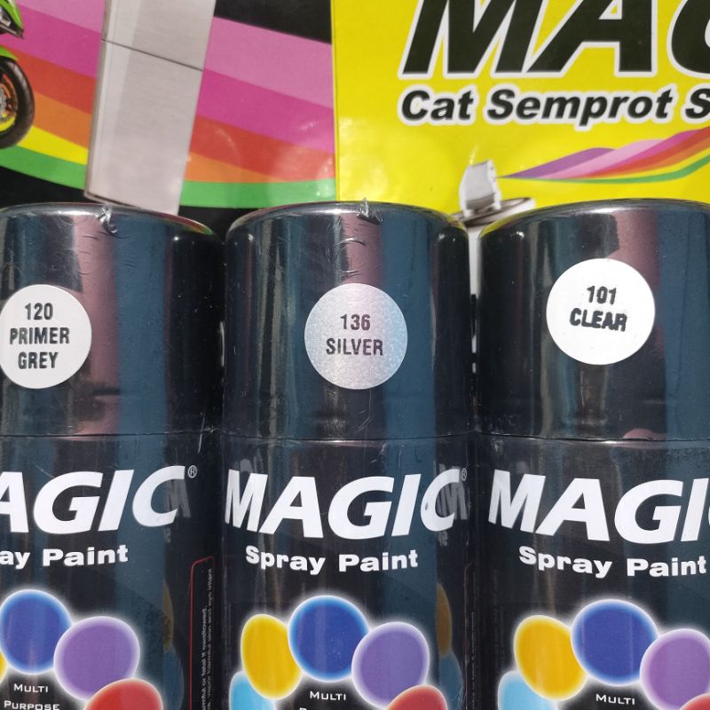 Pilok Pilox Cat Semprot Magic Paket Lengkap 3 Kaleng 300cc Paketan Perak Silver 136 Primer Grey Epoxy 120 Clear Pernis Glossy Mengkilap 101 Spray Paint