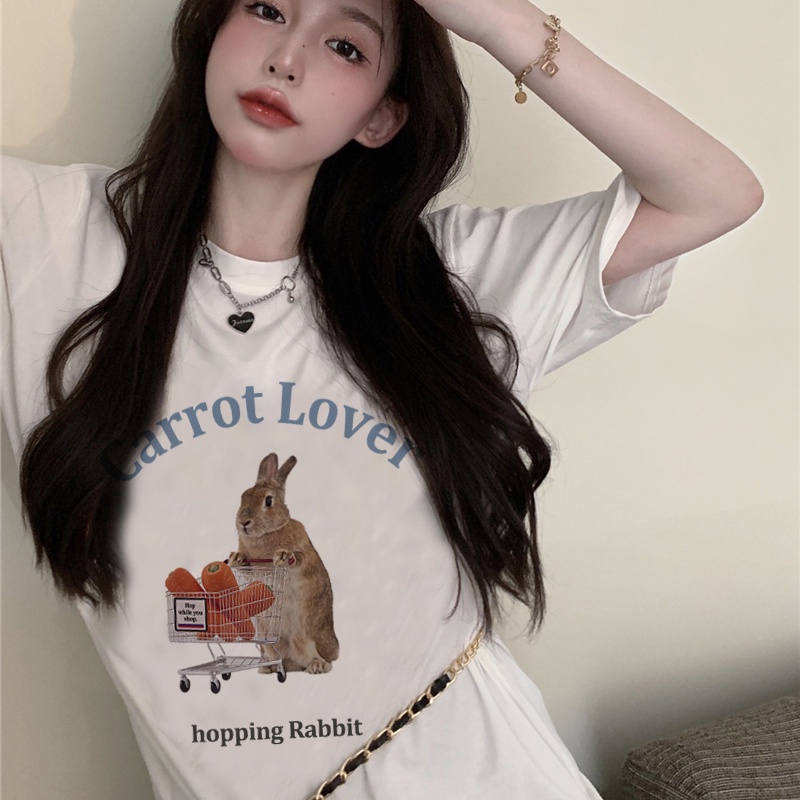 Print T-shirt Kaos Lengan Pendek Cartoon Shopping Rabit Baju Wanita Korean Style