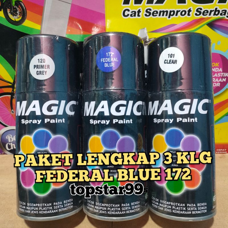 Pilok Pilox Cat Semprot Magic Paket Lengkap 3 Kaleng 300cc Paketan Biru Metalic Metalik Federal Blue 172 Primer Grey Epoxy 120 Clear Pernis Glossy Mengkilap 101 Spray Paint