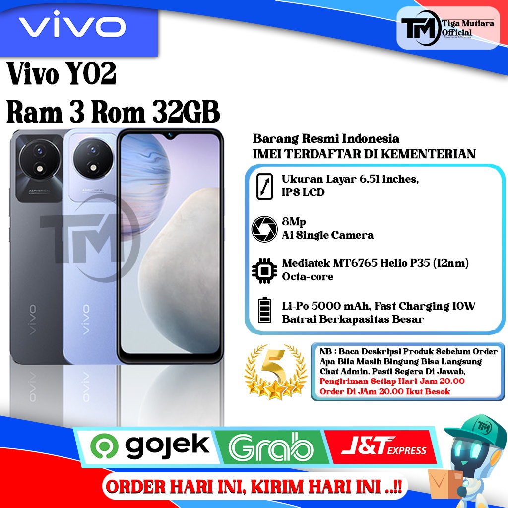 Vivo Y02 Ram 3 Rom 32GB | Y02T Ram 4 Rom 64GB Segel Original & Bergaransi Resmi