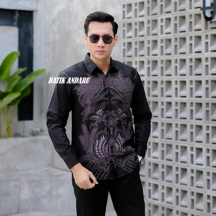 Batik Pria Slim Fit Lengan Panjang Full Furing Erro Heem Kemeja Laskala Premium Warna Hitam Pekat