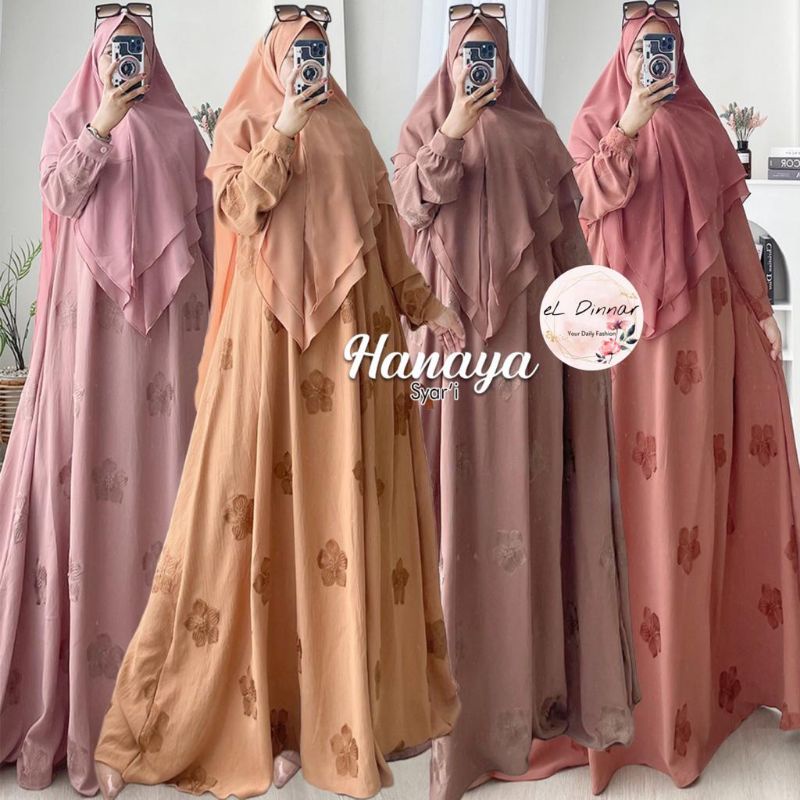 Hanaya Syar'i Pakaian Wanita Muslim Baju Gamis Set Jilbab Pad 2 Layer Ceruty Khimar Jumbo Seragam Ha