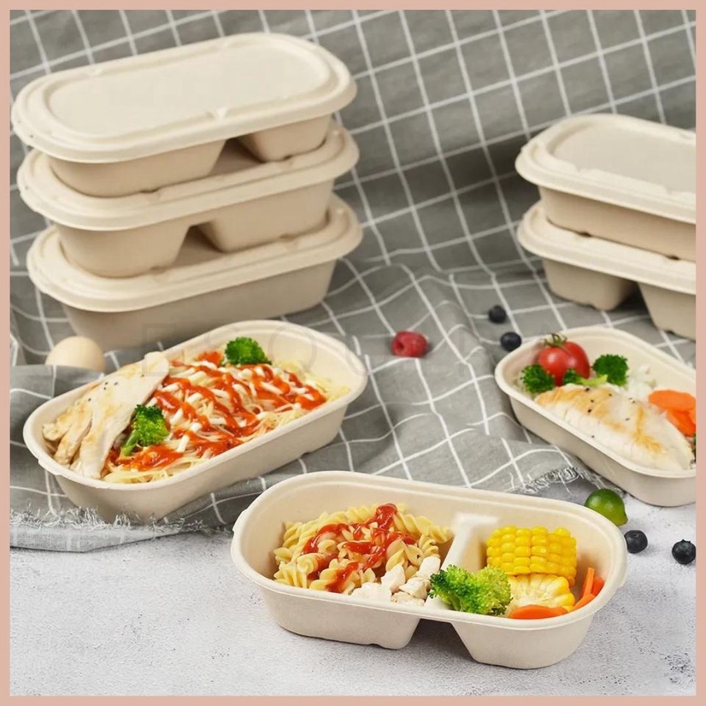 2 Compartement Oval Sugarcane Bagasse 850 ML / Lunch Box 10 Pcs + Lid / TAB8502C