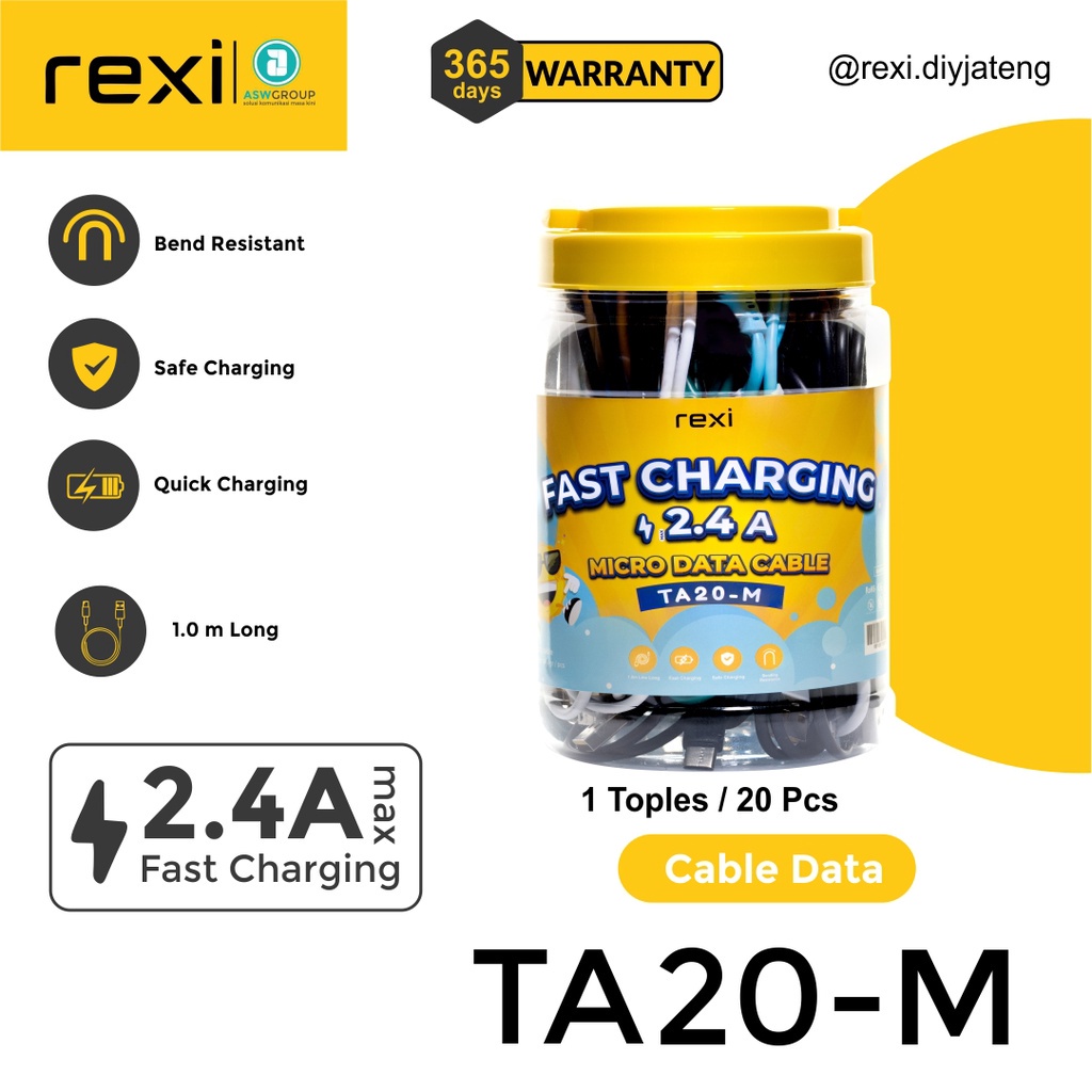 Kabel Data Rexi TA20-M Micro 2.4A  Harga per-toples (isi 20) Cable REXI Kabel Charger TA20M Rexi