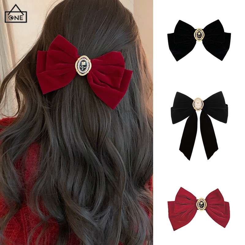 COD❤️Jepit Rambut Pita Mutiara Korea Wanita Beludru Retro Laris Beludru Hitam