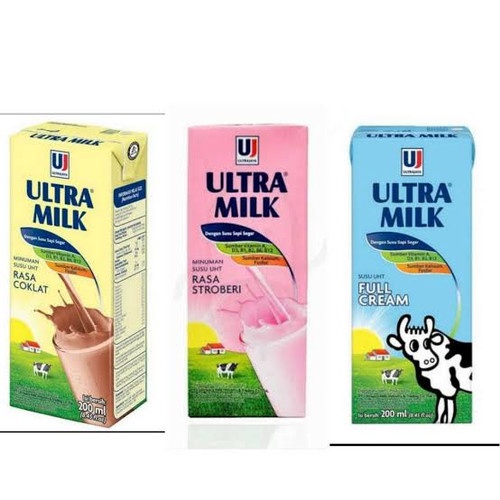 

Susu Ultra 200ml Susu UHT Kotak rasa Cokelat Stroberi Full Cream isi 24pcs