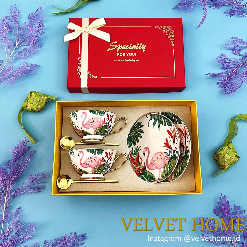 Double Jungle Cup Flamingo Couple Set Tea Cup Cangkir Flamingo Hampers Lebaran Hari Raya Idul Fitri 