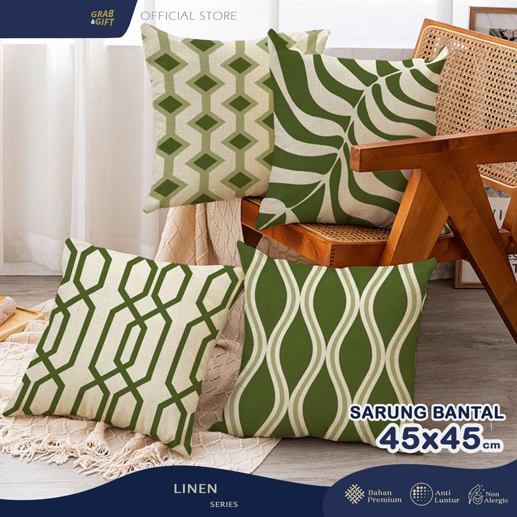 SARUNG Bantal Sofa Print 45x45 cm Linen Motif Abstrak Hijau Olive Putih Grabandgift