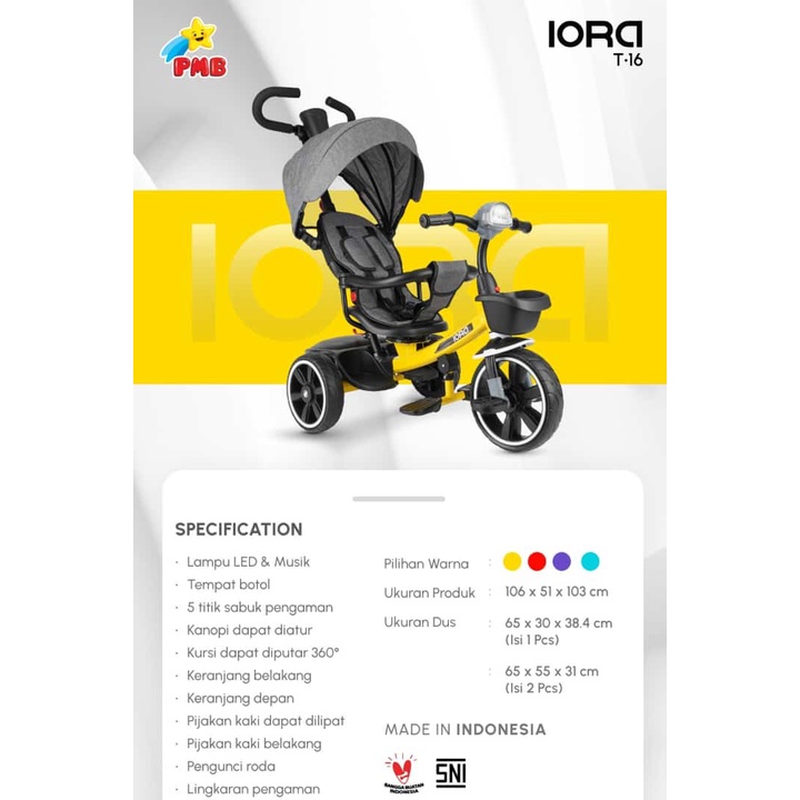 Sepeda Roda Tiga Anak PMB IORA TRICYCLE T16 terbaru Baby Tricycle termurah , sepeda anak murah