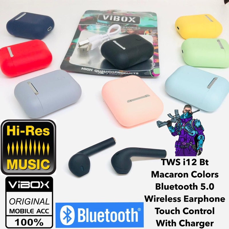 Vibox i12 BT macaron Warna TWS Bluetooth 5.0 Earphone Earbud Olahraga Wireless Earphones Nirkabel Headset With Mic BY SMOLL