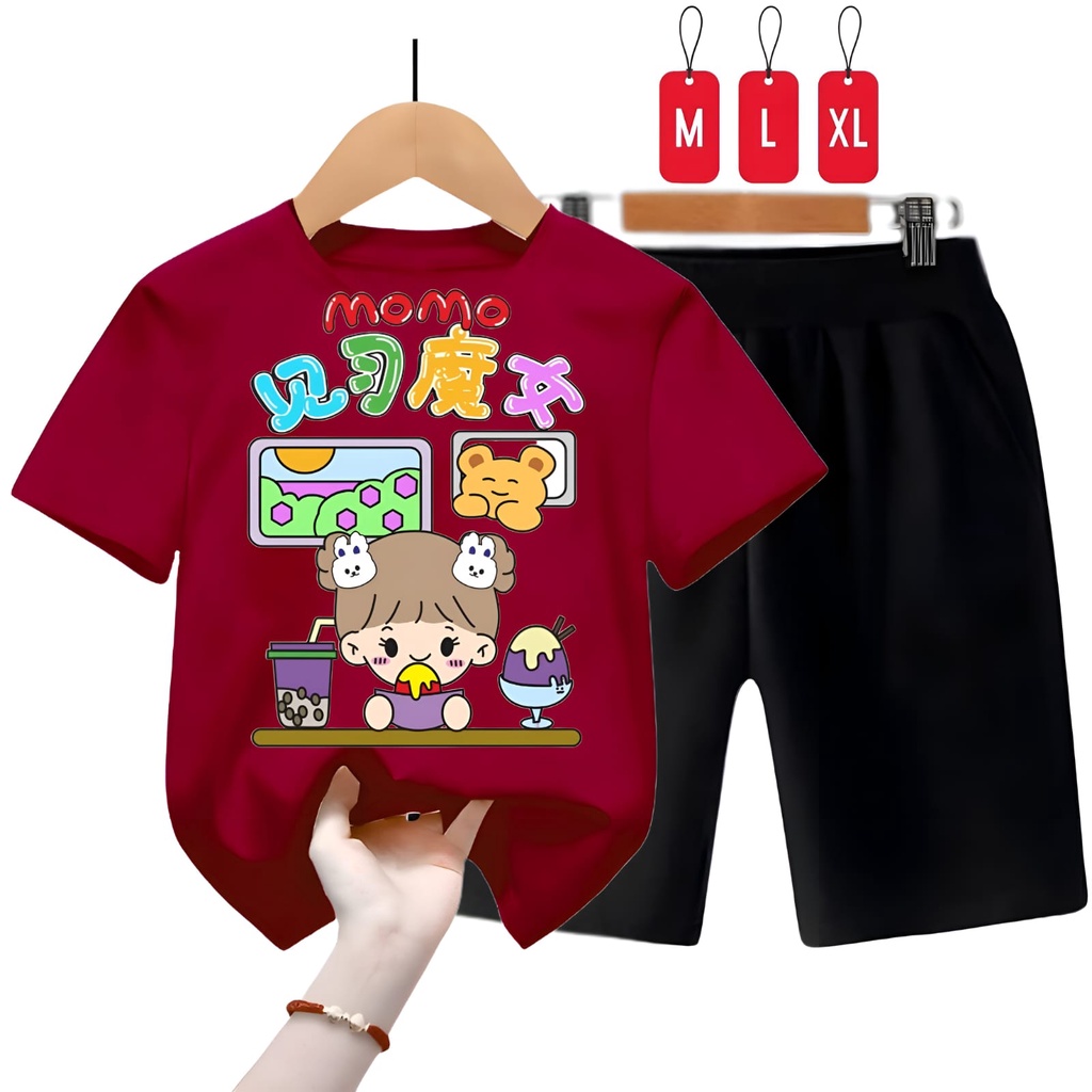 Hzl_outfit Baju Setelan Kaos Anak Perempuan Momo Trend/ Size M,L,XL