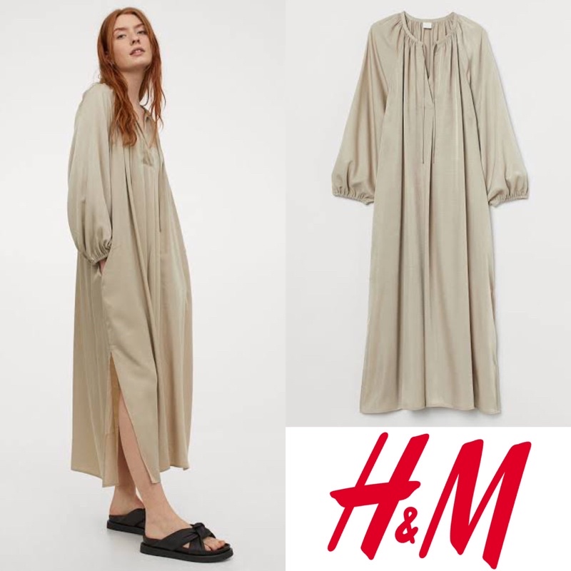 H&m hnm hm cream khaki calf length dress with neck tie