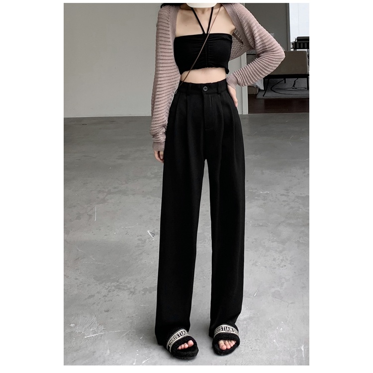 EUNII Celana Panjang Putih Casual Straight High Waist Pants Korean Style